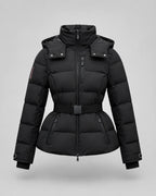 Women's black hooded puffer jacket with waist belt and cuff tabs - view 8