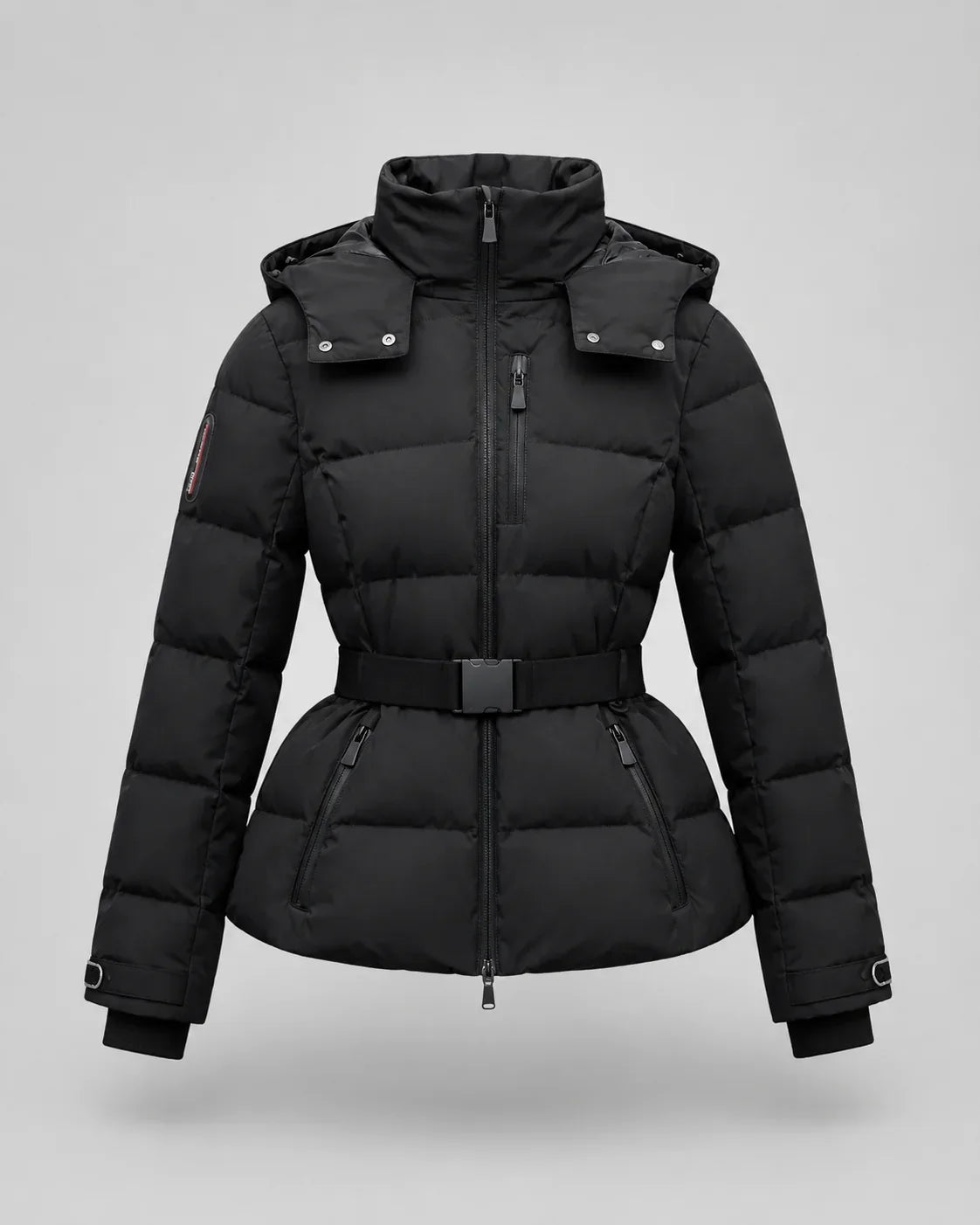 Women's black hooded puffer jacket with waist belt and cuff tabs - view 8
