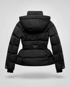Women's black hooded puffer jacket with waist belt and cuff tabs - view 9