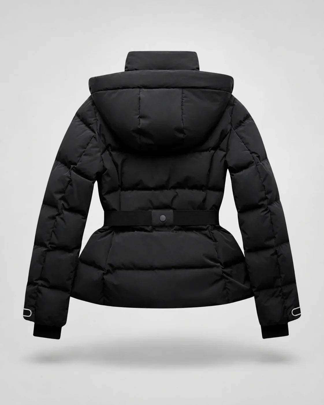 Women's black hooded puffer jacket with waist belt and cuff tabs - view 9