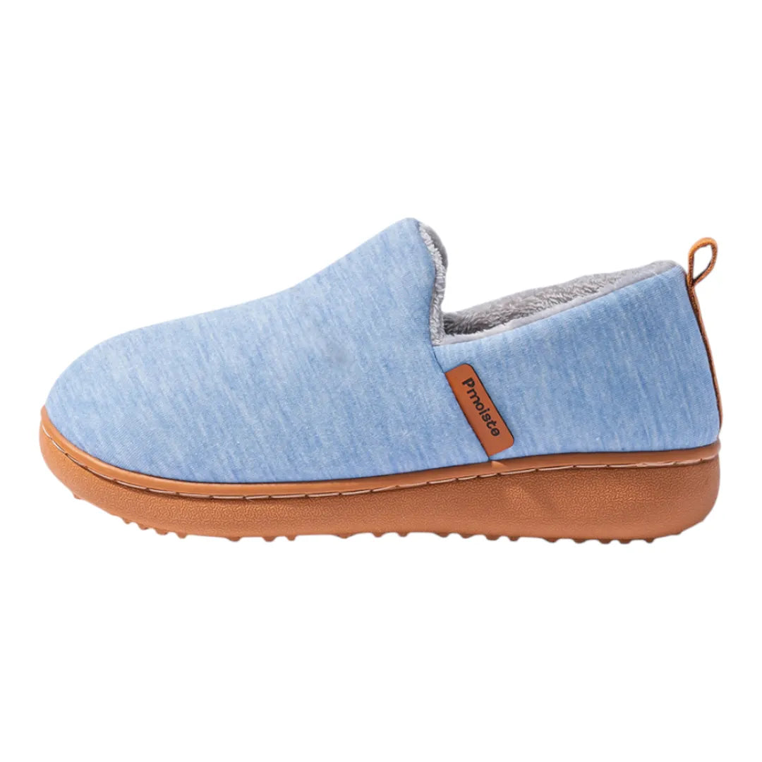 Women's fleece lined slippers with heathered slip-on upper, tan pull tab and patterned hard sole house shoes - view 10