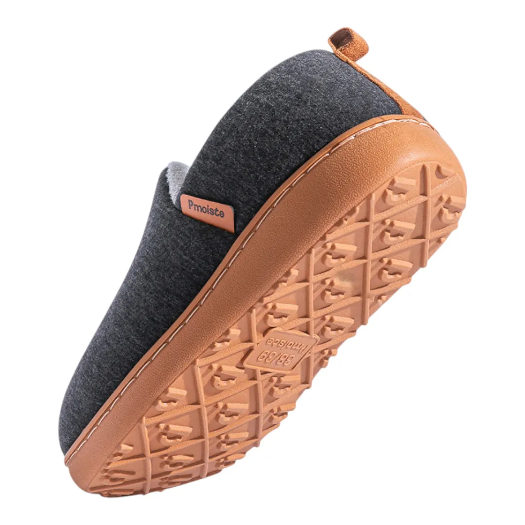 Women's fleece lined slippers with heathered slip-on upper, tan pull tab and patterned hard sole house shoes - view 4