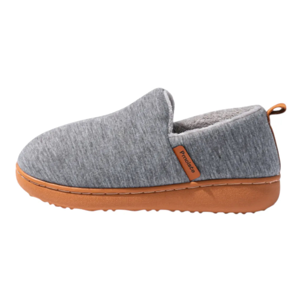 Women's fleece lined slippers with heathered slip-on upper, tan pull tab and patterned hard sole house shoes - view 6