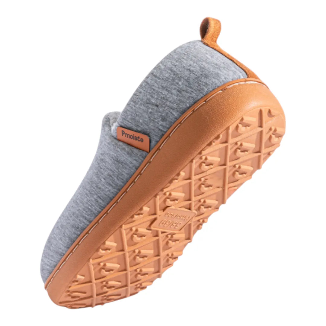 Women's fleece lined slippers with heathered slip-on upper, tan pull tab and patterned hard sole house shoes - view 8