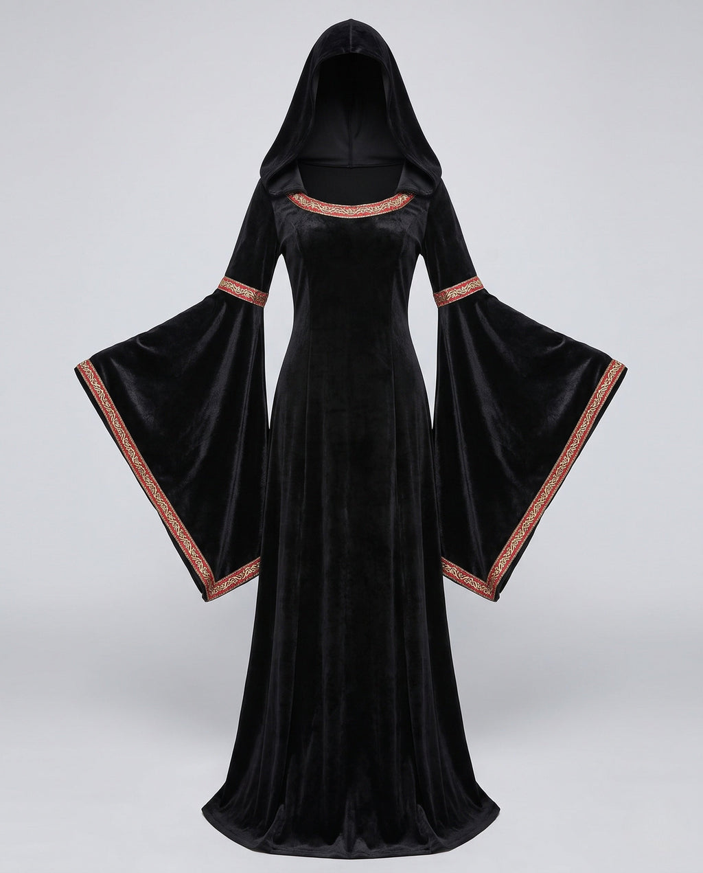 Woman wearing a black velvet hooded costume dress with bell sleeves and red and gold trim - view 5