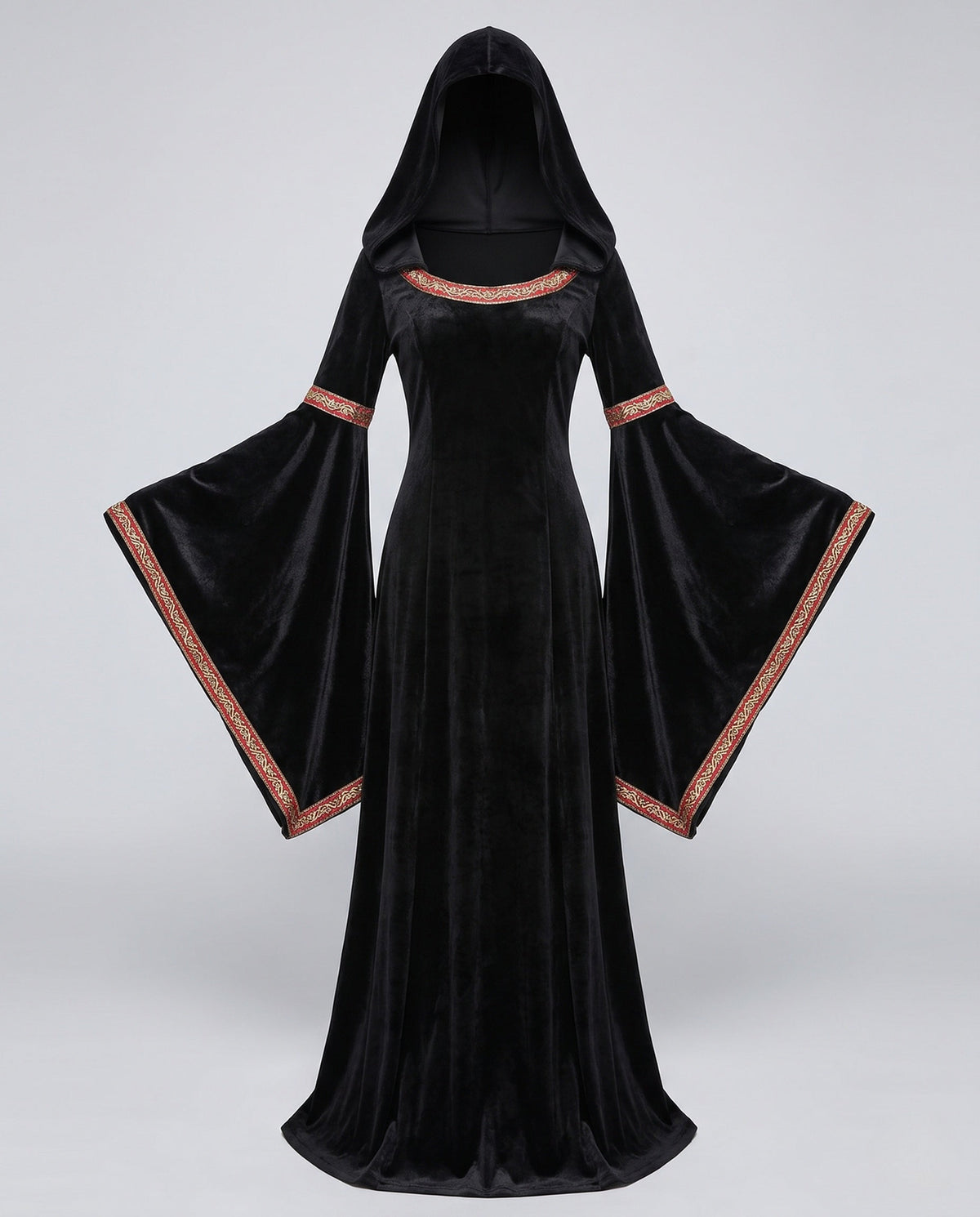 Woman wearing a black velvet hooded costume dress with bell sleeves and red and gold trim - view 5