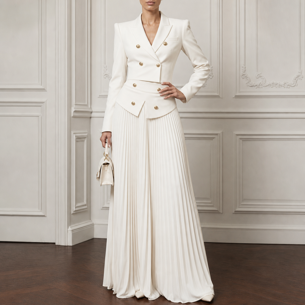 White two-piece set with padded-shoulder cropped blazer and long pleated skirt - view 2