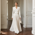 White two-piece set with padded-shoulder cropped blazer and long pleated skirt - view 3
