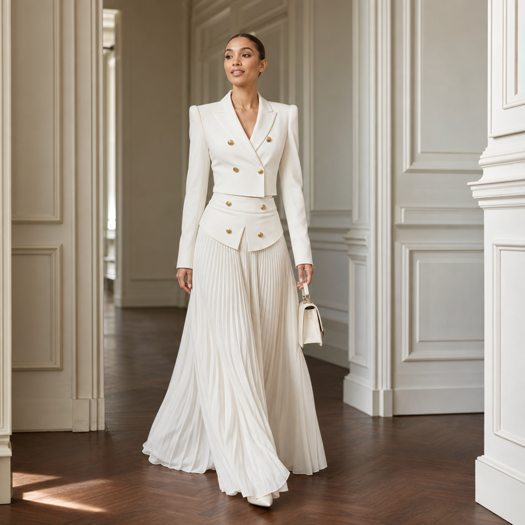 White two-piece set with padded-shoulder cropped blazer and long pleated skirt - view 3