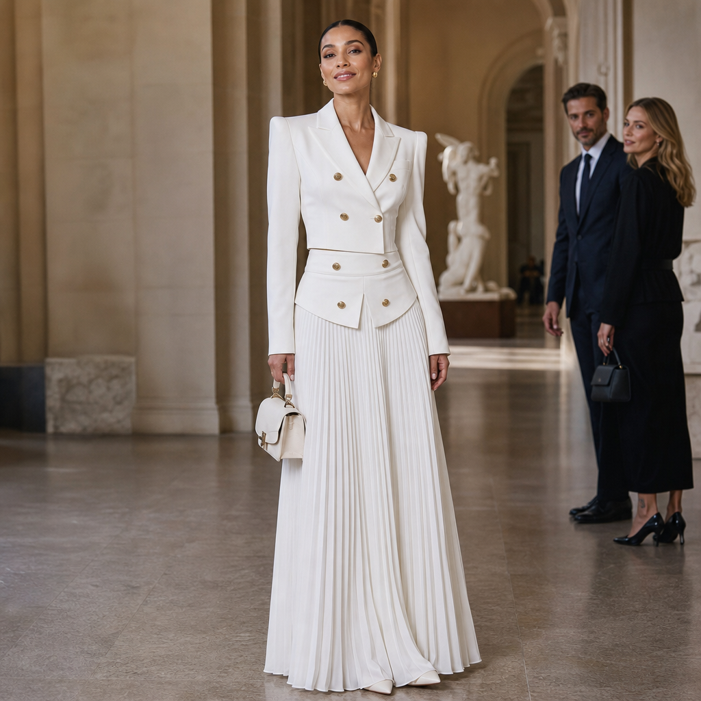White two-piece set with padded-shoulder cropped blazer and long pleated skirt - view 4