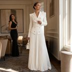 White two-piece set with padded-shoulder cropped blazer and long pleated skirt - view 6
