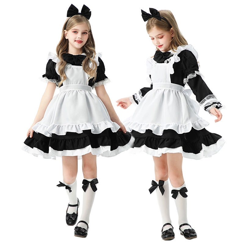 Girls black and white maid Halloween costume dress with ruffled apron