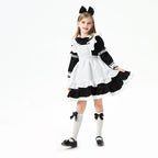 Girls black and white maid Halloween costume dress with ruffled apron - view 2
