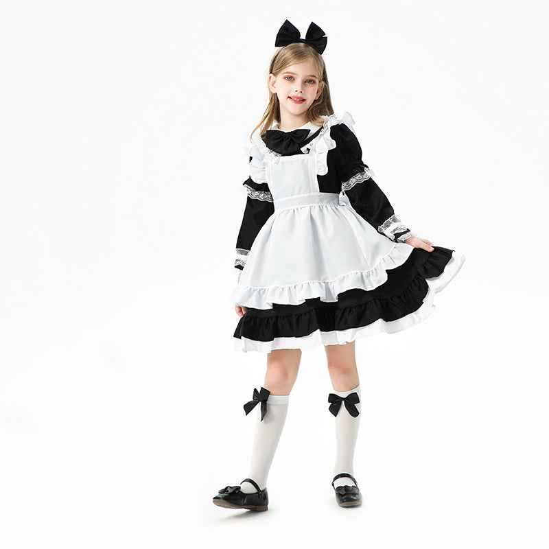 Girls black and white maid Halloween costume dress with ruffled apron - view 2