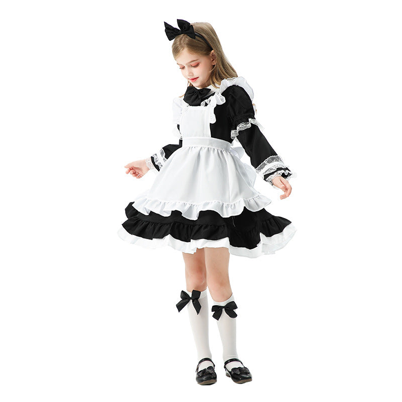 Girls black and white maid Halloween costume dress with ruffled apron - view 3
