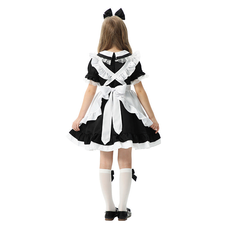 Girls black and white maid Halloween costume dress with ruffled apron - view 4