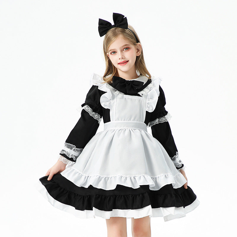 Girls black and white maid Halloween costume dress with ruffled apron - view 5