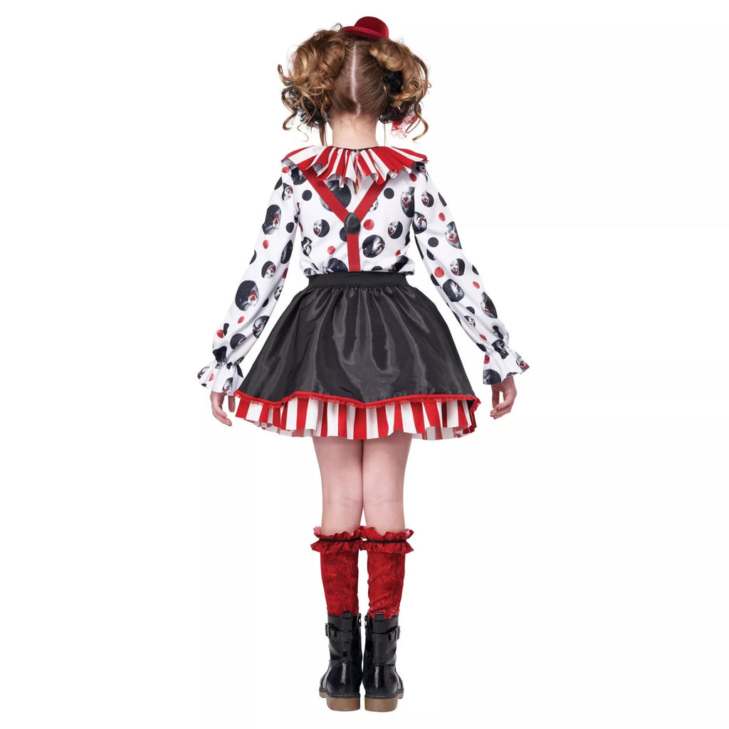 Girls clown Halloween costume with striped ruffle collar, red pompoms and suspenders in dress and jumpsuit styles - view 4