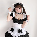 Black and white ruffled maid Halloween costume dress with puff sleeves, bow apron and tiered skirt - view 4