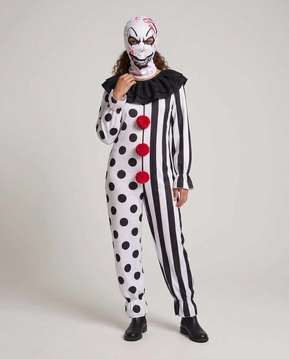 Women's black and white clown Halloween costume jumpsuit with ruffle collar and pom-poms
