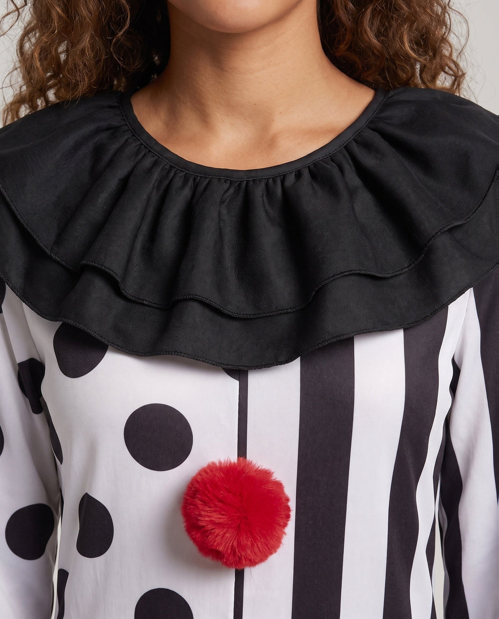 Women's black and white clown Halloween costume jumpsuit with ruffle collar and pom-poms - view 2