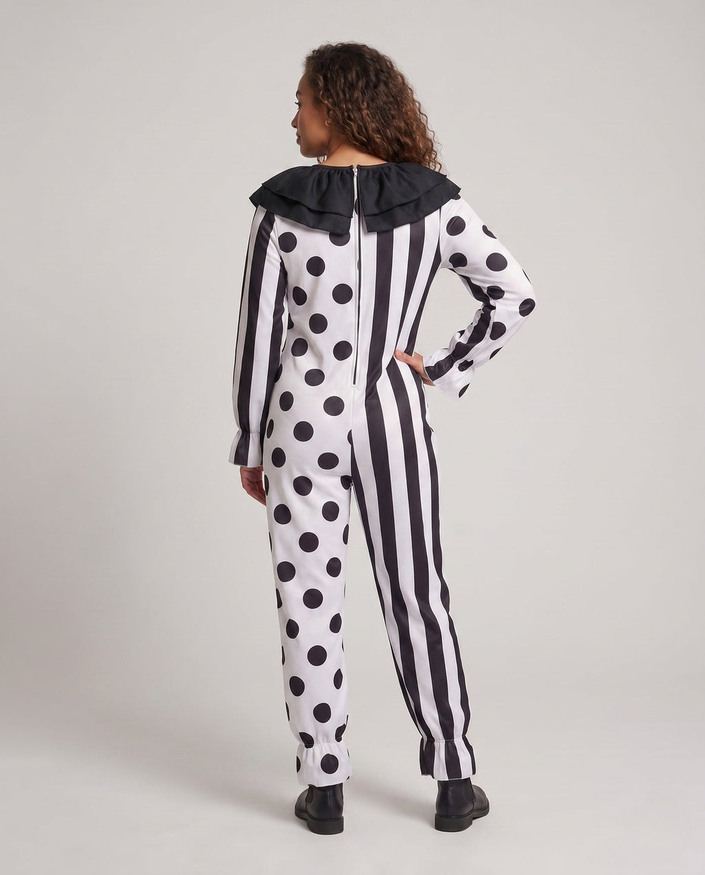 Women's black and white clown Halloween costume jumpsuit with ruffle collar and pom-poms - view 3