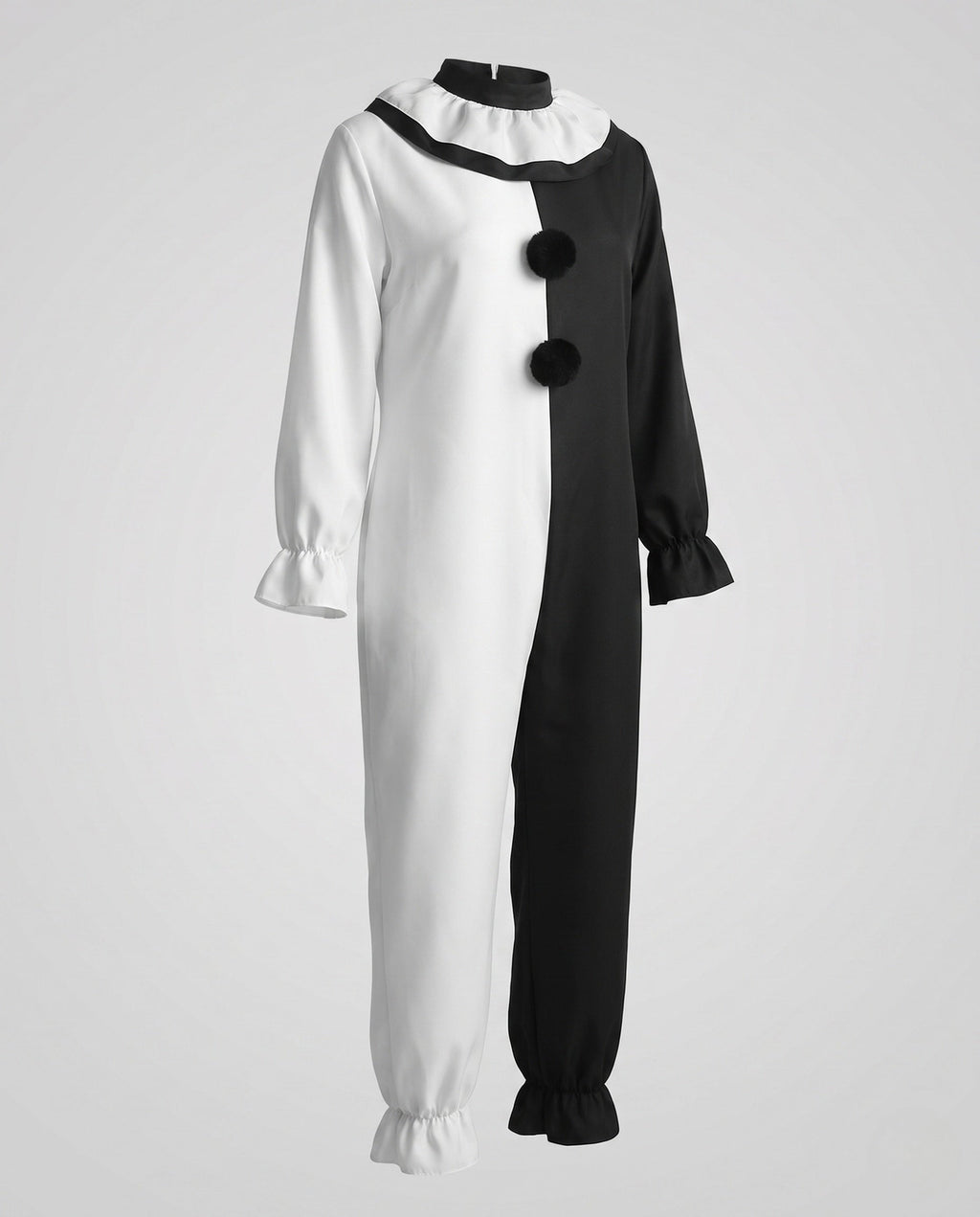 Women's black and white clown Halloween costume jumpsuit with ruffle collar and pom-poms - view 4