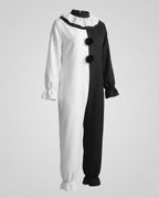 Women's black and white clown Halloween costume jumpsuit with ruffle collar and pom-poms - view 4