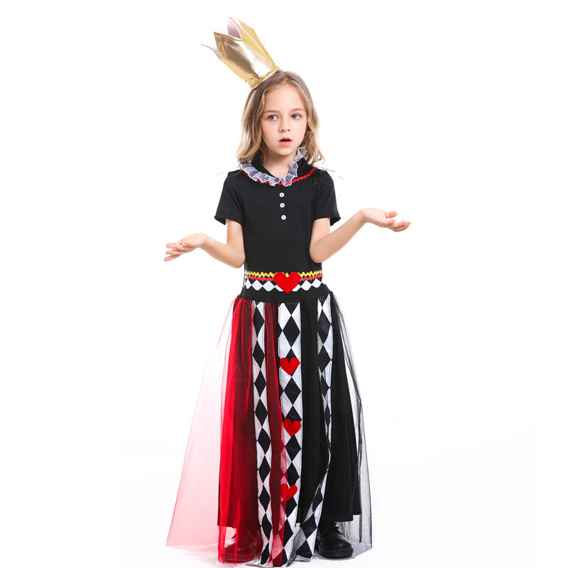 Girls queen Halloween costume with black bodice, red and black tulle skirt, harlequin heart stripes and gold crown