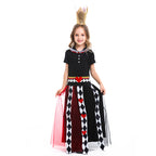 Girls queen Halloween costume with black bodice, red and black tulle skirt, harlequin heart stripes and gold crown - view 2