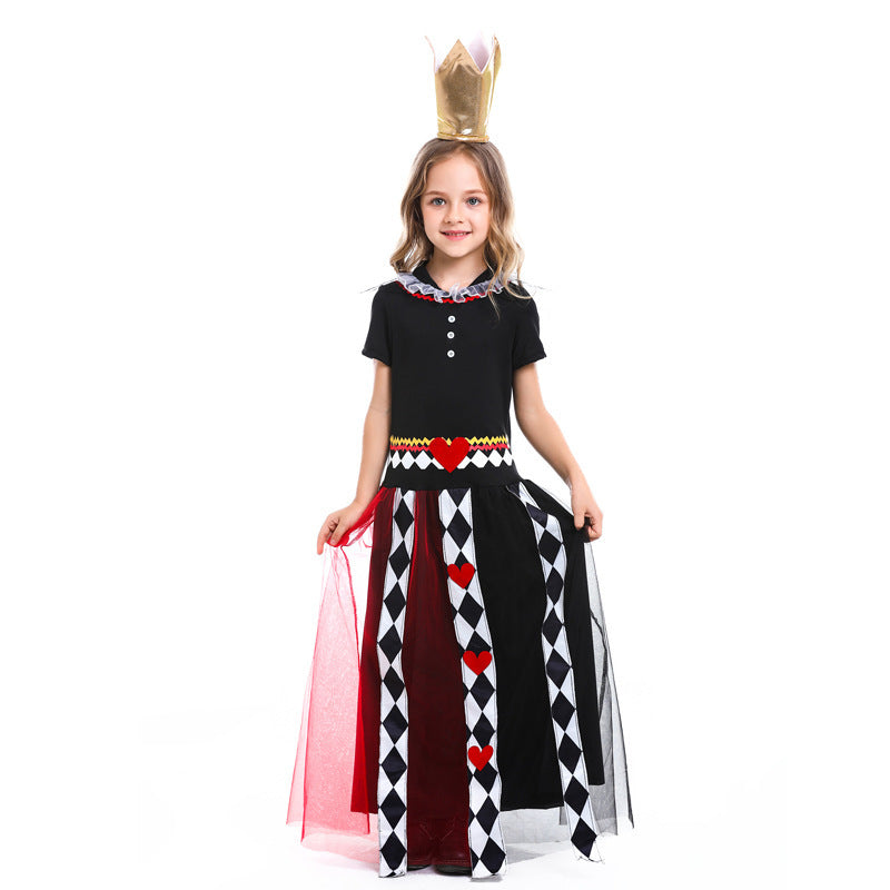 Girls queen Halloween costume with black bodice, red and black tulle skirt, harlequin heart stripes and gold crown - view 2