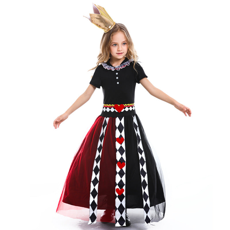 Girls queen Halloween costume with black bodice, red and black tulle skirt, harlequin heart stripes and gold crown - view 3