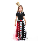 Girls queen Halloween costume with black bodice, red and black tulle skirt, harlequin heart stripes and gold crown - view 4
