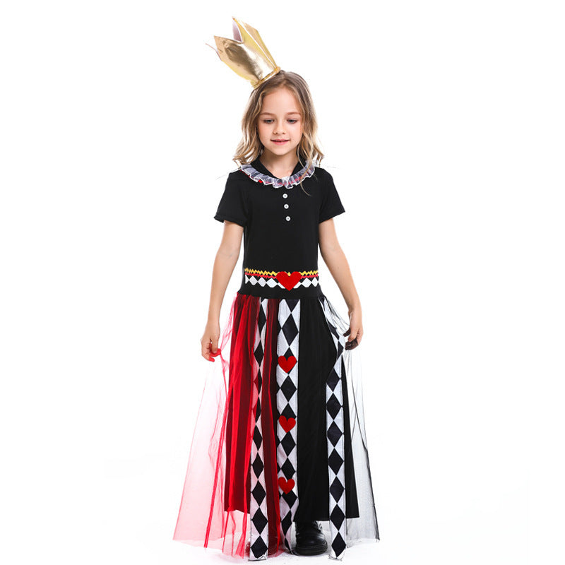 Girls queen Halloween costume with black bodice, red and black tulle skirt, harlequin heart stripes and gold crown - view 4