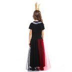 Girls queen Halloween costume with black bodice, red and black tulle skirt, harlequin heart stripes and gold crown - view 5