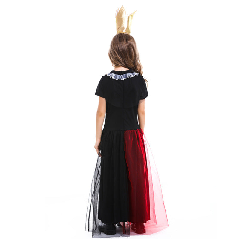 Girls queen Halloween costume with black bodice, red and black tulle skirt, harlequin heart stripes and gold crown - view 5