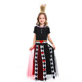 Girls queen Halloween costume with black bodice, red and black tulle skirt, harlequin heart stripes and gold crown - view 6