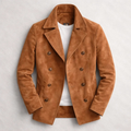 Men's double-breasted suede coat with notch lapels in brown