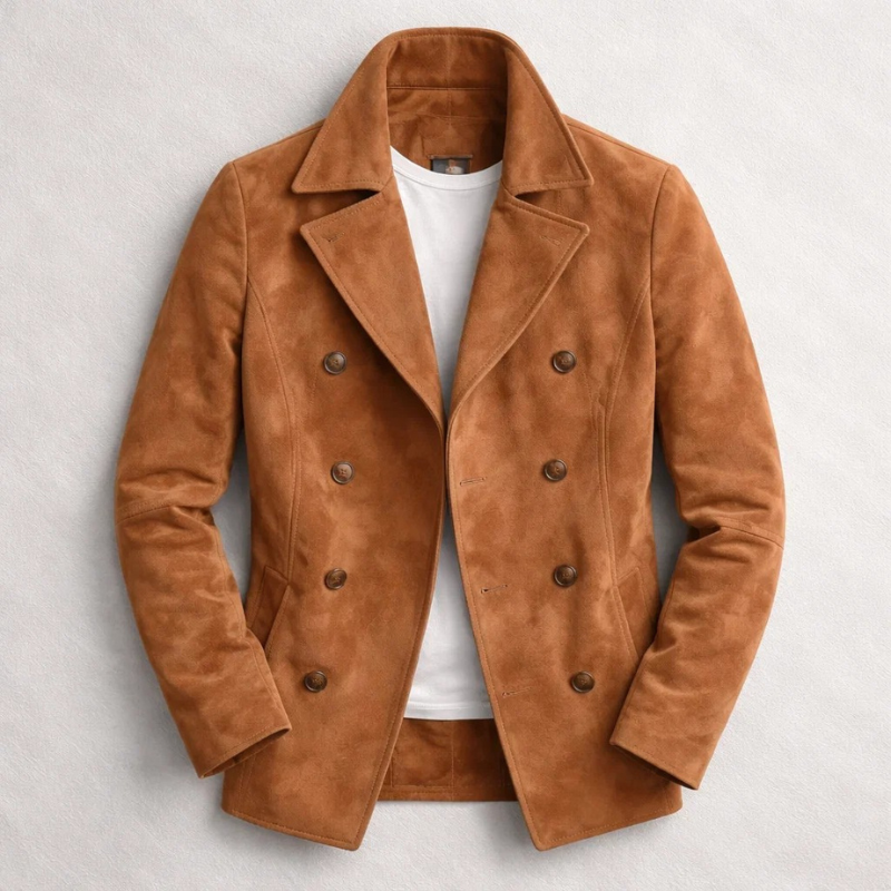 Men's double-breasted suede coat with notch lapels in brown