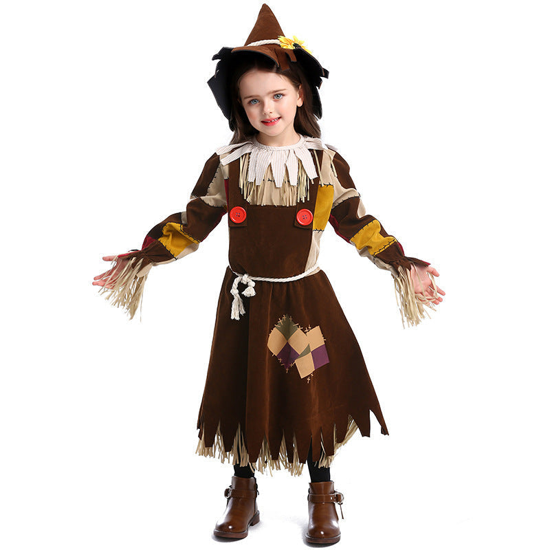 Girls brown scarecrow Halloween costume dress with patchwork sleeves, fringe trim, rope belt and pointed sunflower hat - view 2