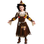 Girls brown scarecrow Halloween costume dress with patchwork sleeves, fringe trim, rope belt and pointed sunflower hat - view 2