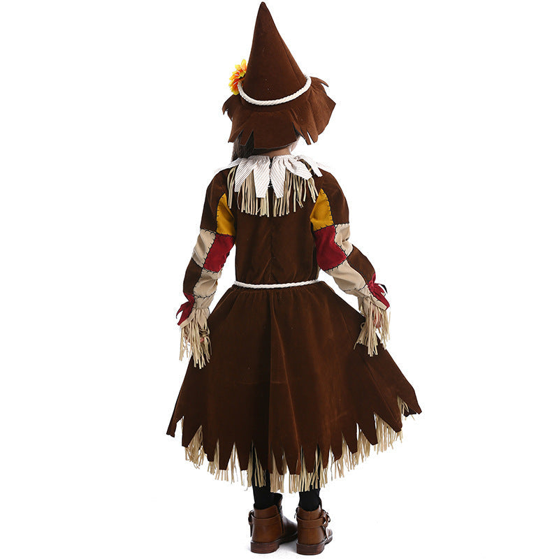 Girls brown scarecrow Halloween costume dress with patchwork sleeves, fringe trim, rope belt and pointed sunflower hat - view 3