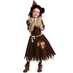Girls brown scarecrow Halloween costume dress with patchwork sleeves, fringe trim, rope belt and pointed sunflower hat - view 5