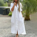 Haven long sleeve maxi shirt dress with collar, button front and side slits