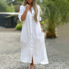 Haven long sleeve maxi shirt dress with collar, button front and side slits
