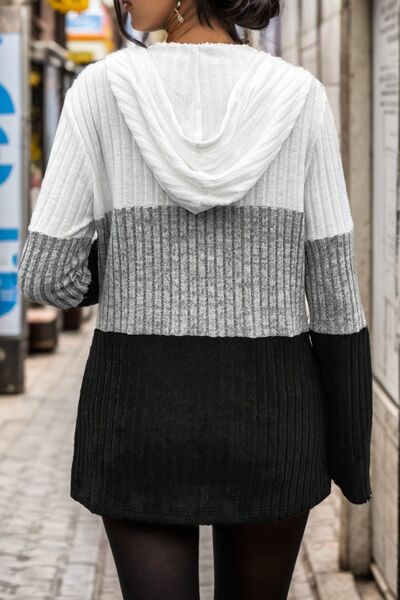 Colorblock quarter zip hoodie in white, gray and black ribbed knit sweater with drawstring hood - view 3