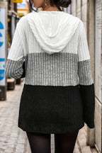 Colorblock quarter zip hoodie in white, gray and black ribbed knit sweater with drawstring hood - view 3