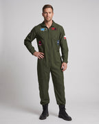 Men's olive green flight suit Halloween costume with embroidered patches and front zip
