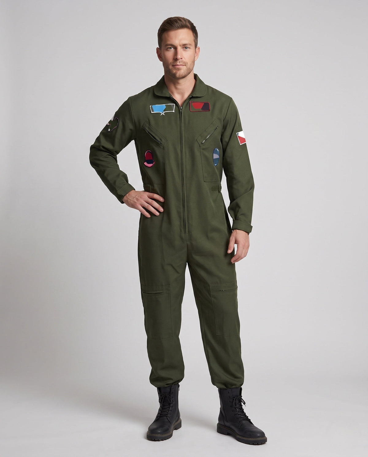 Men's olive green flight suit Halloween costume with embroidered patches and front zip