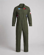 Men's olive green flight suit Halloween costume with embroidered patches and front zip - view 4